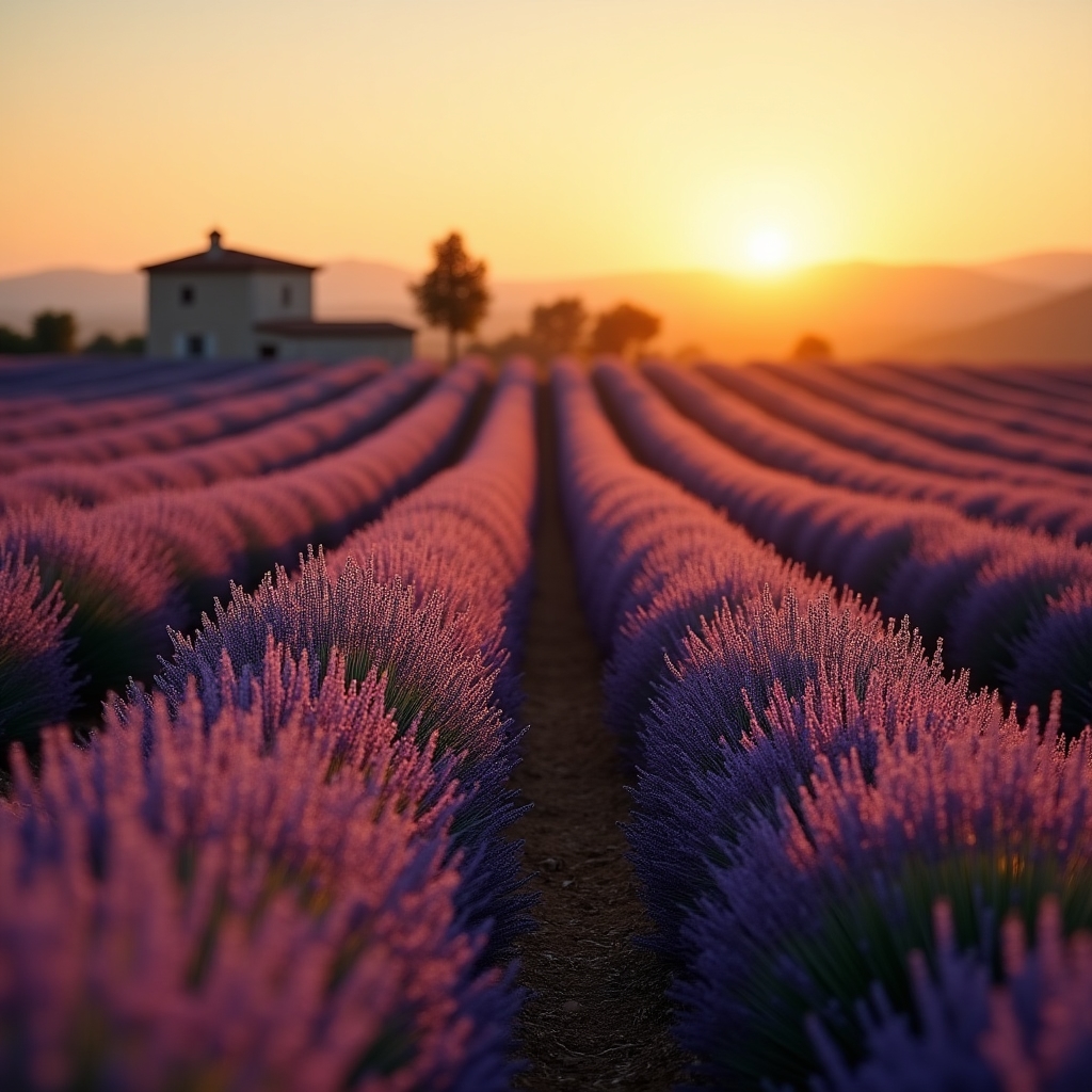 Campo de lavanda en plena floración bajo luz de atardecer