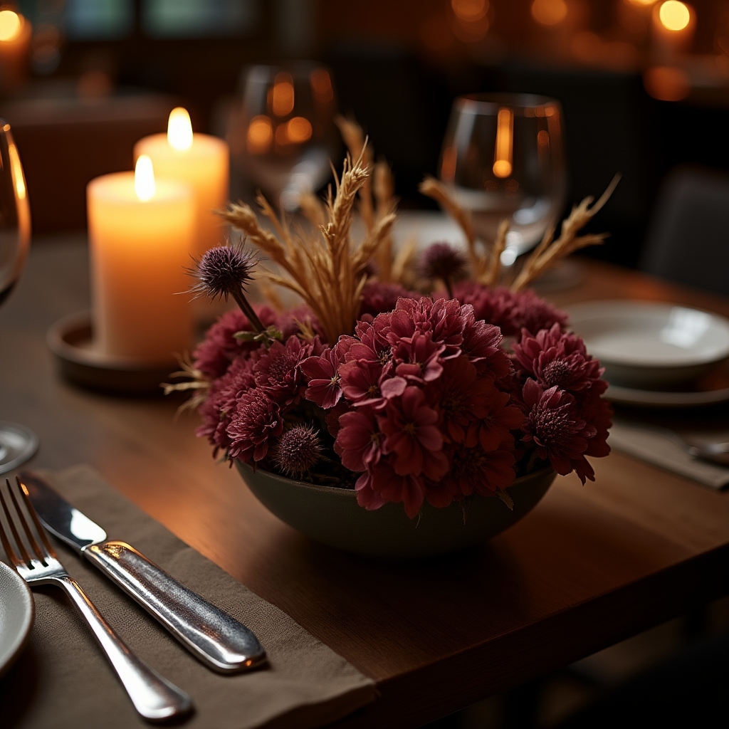 Centro de mesa bajo de flores secas para restaurante