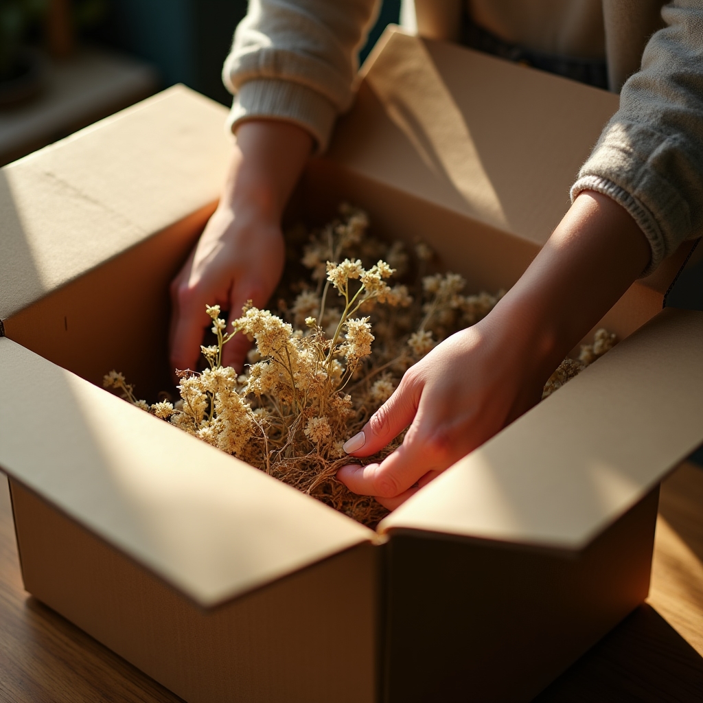 Caja de envío con papel kraft preparada para transportar una composición floral