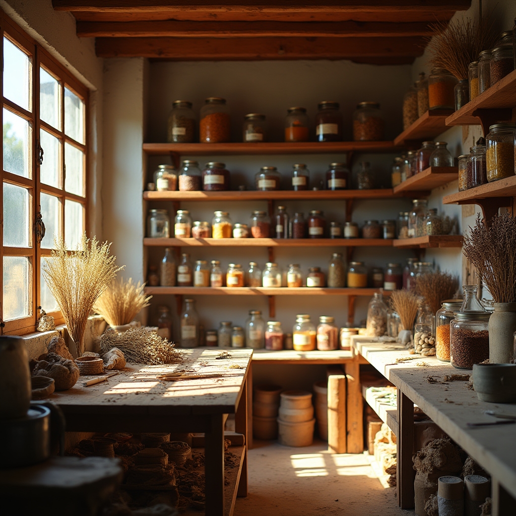 Interior del estudio en Sevilla con estanterías de material vegetal seco clasificado