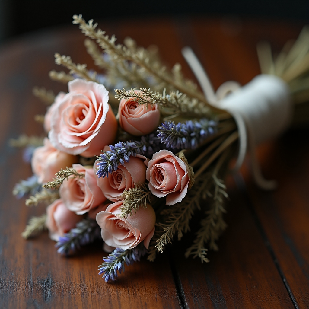 Ramo eterno de flores preservadas atado con hilo natural, sin jarrón
